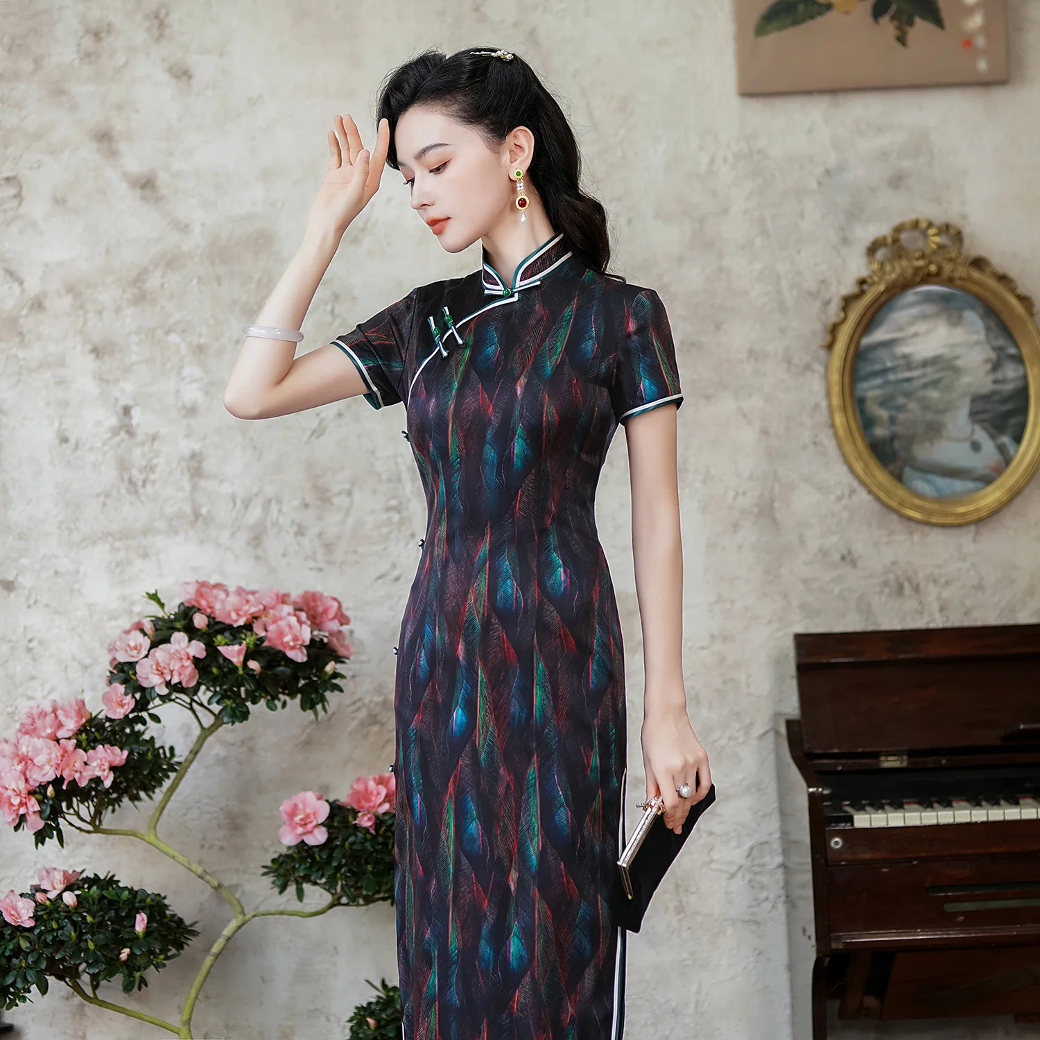 High Quality Real Silk Qipao Cheongsam Top Skirt Evening Dress Waist-Tight Banquet Artistic