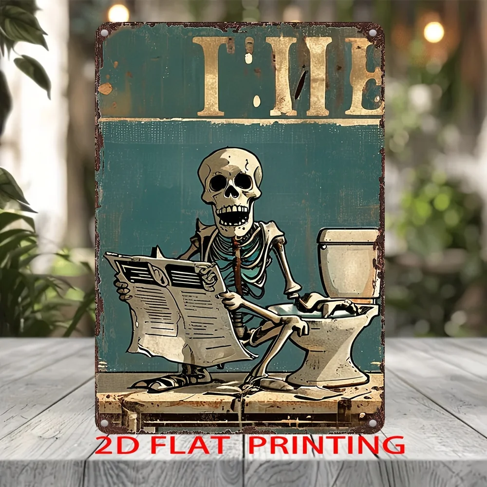 Vintage Skeleton Reading Wall Art, Aluminum  UV Printed Decorative Plaque, Weather-Resistant, Pre-Drilled for Easy Hanging, No