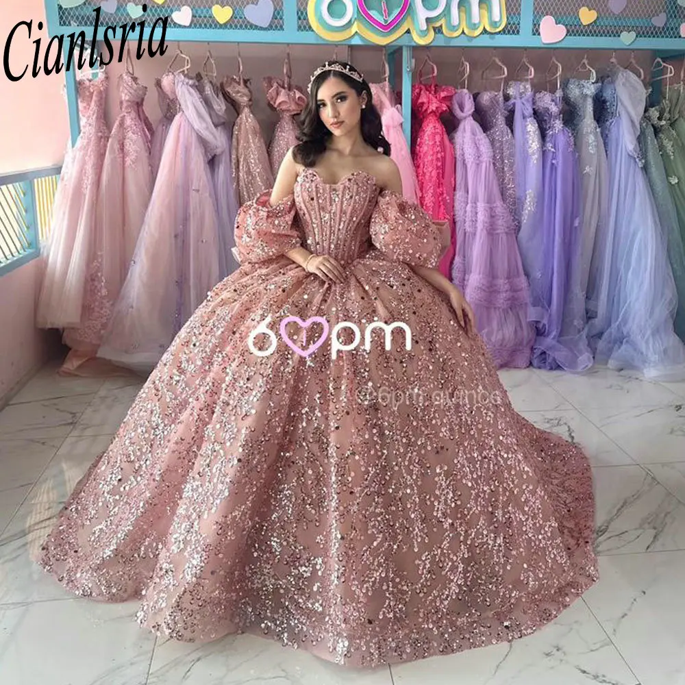 Luxurious Sequined Beading Bow Quinceanera Dresses Ball Gown Sweetheart Long Sleeve Customized Corset Vestidos De XV Anos