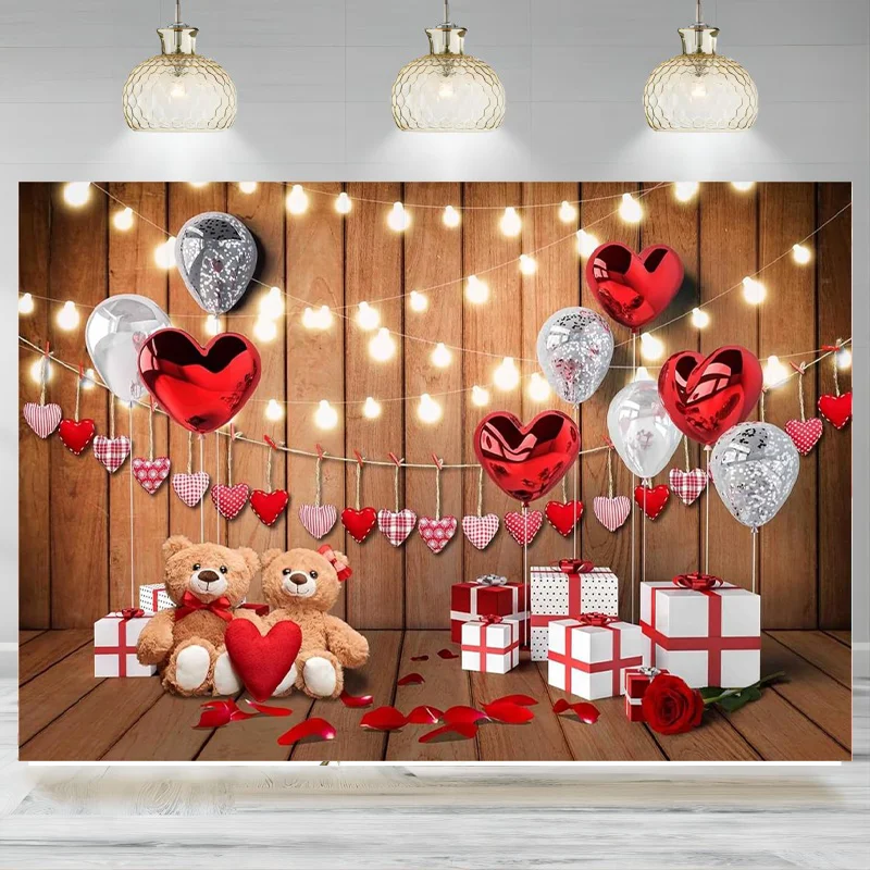 Valentine's Day Balloons Gift Photography Backdrop Wood Love Heart Toy Bear Decorations Background Birthday Banner Photo