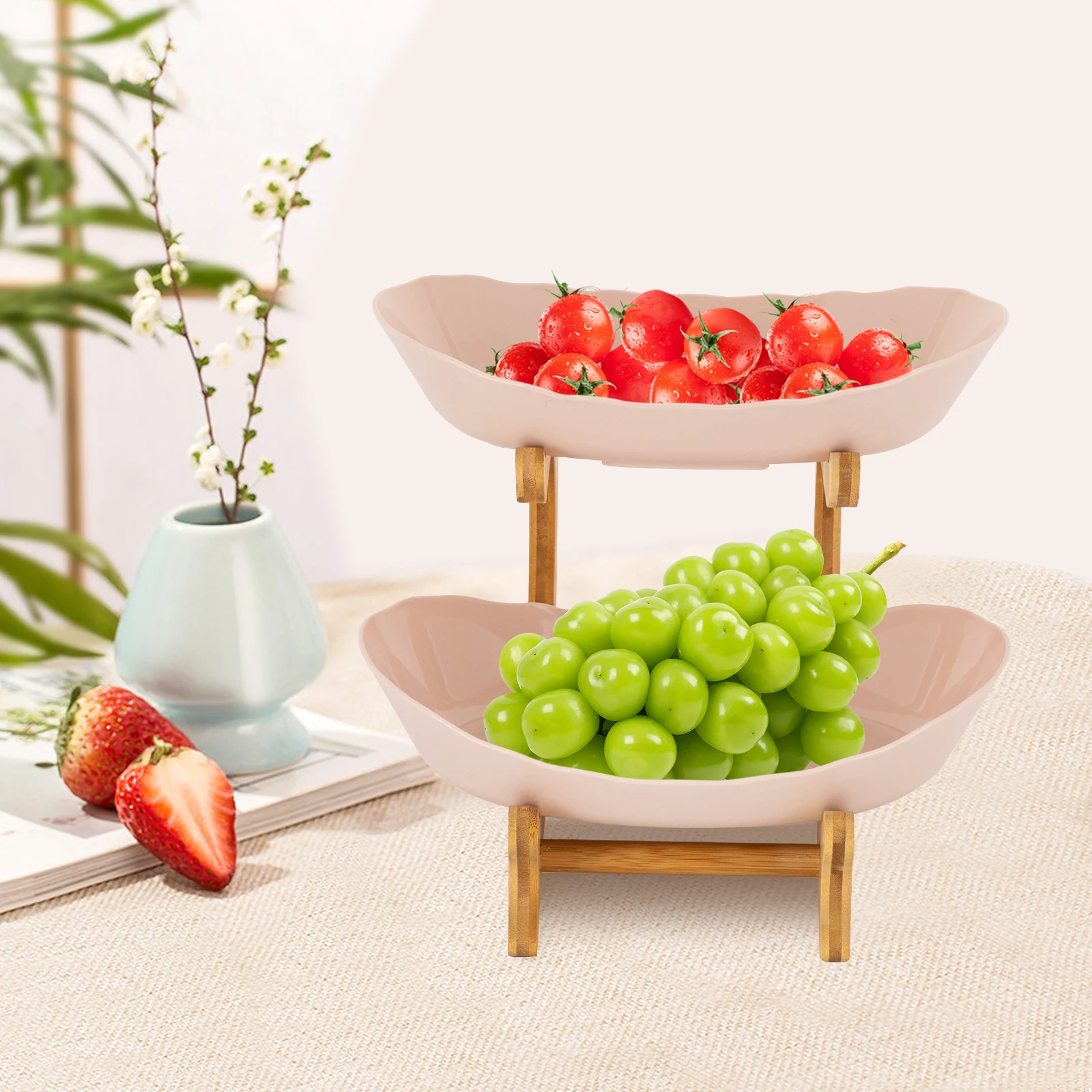 2 Tier Ceramic Fruit Bowl With Bamboo Wood Stand Porcelain Fruit Basket for Vegetable Storage,Snack Dessert Cake Tray Plate Rack