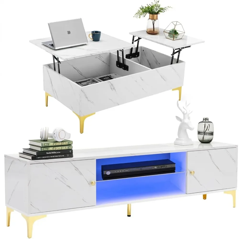 Marble White Table Set, includes LED TV Stand and Lift Top Coffee Table for Living Room, Entertainment Center