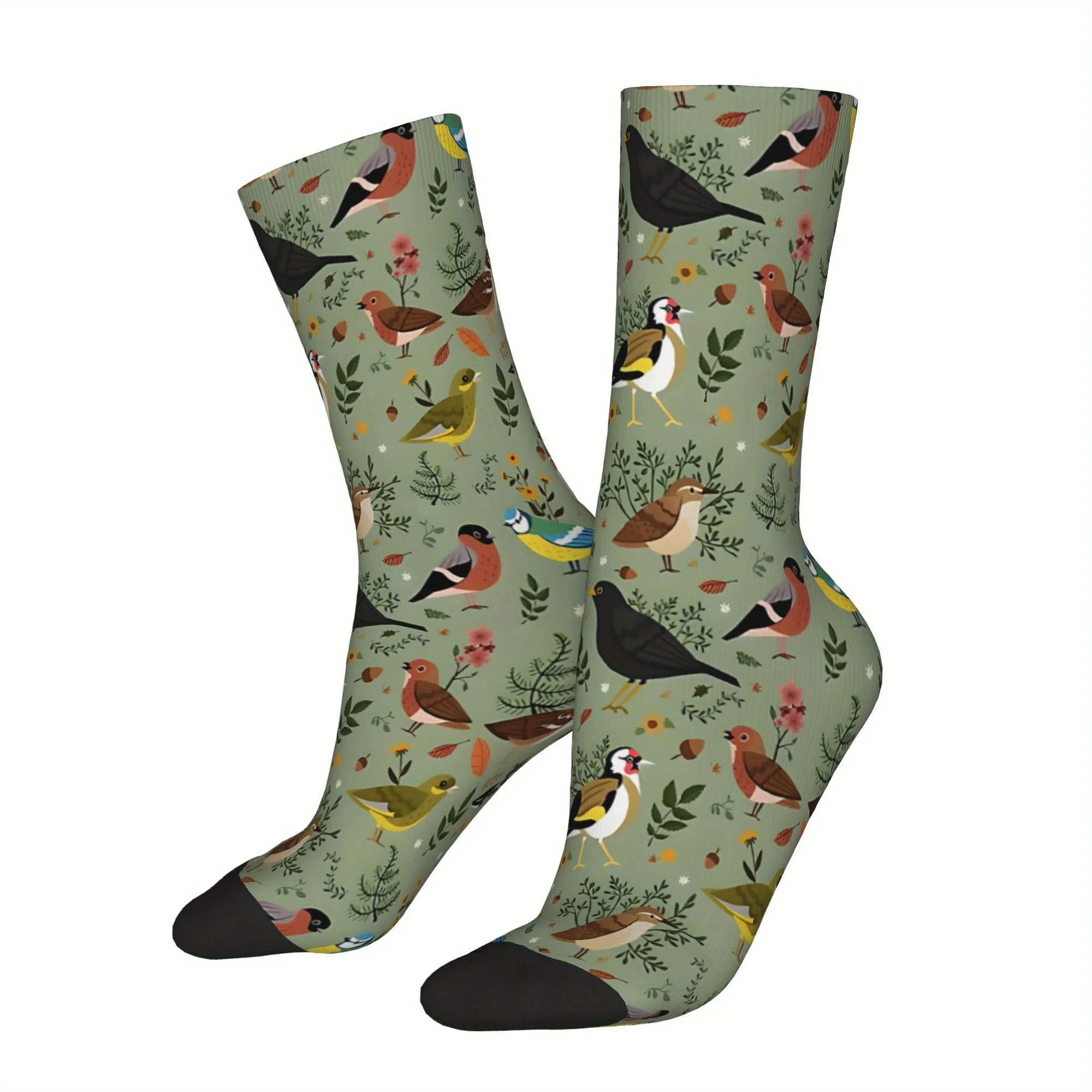1 Pair Garden Birds Polyester Crew Socks Compression Stretch Unisex Hip Hop Cool Bird Print Novelty Socks