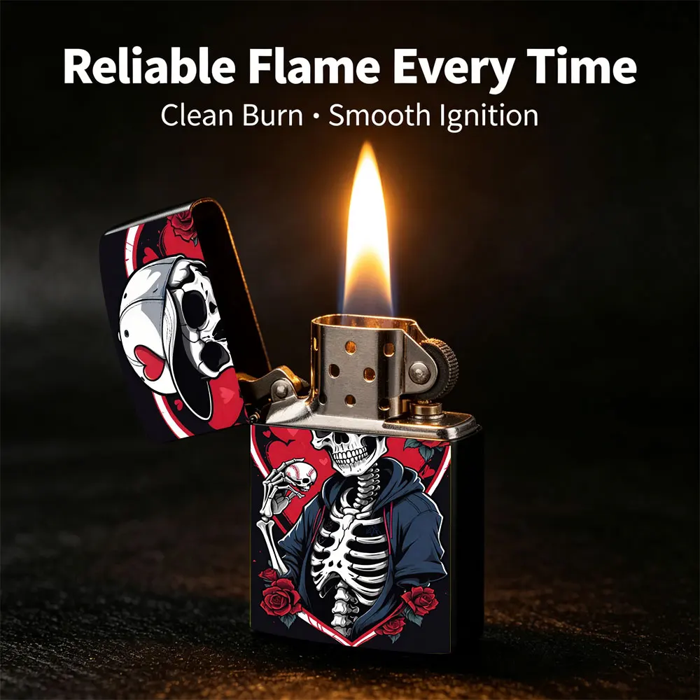 Pocket Lighter, Flip-Open Windproof, Skeleton in Baseball Cap Holding Baseball & Rose Design, Metal Case, Comfortable Grip, Portable Durable