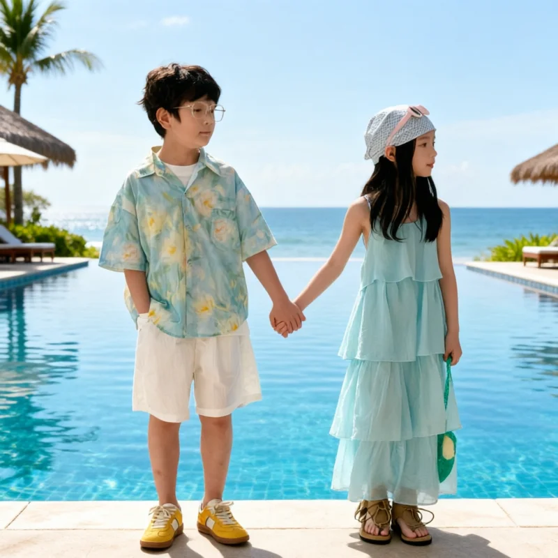 Vacatio Brother Sister Matching Outfits Summer Sibling Clothes Boys Girls Korean Shirt Tiered Ruffle Maxi Dress Kids Outfits