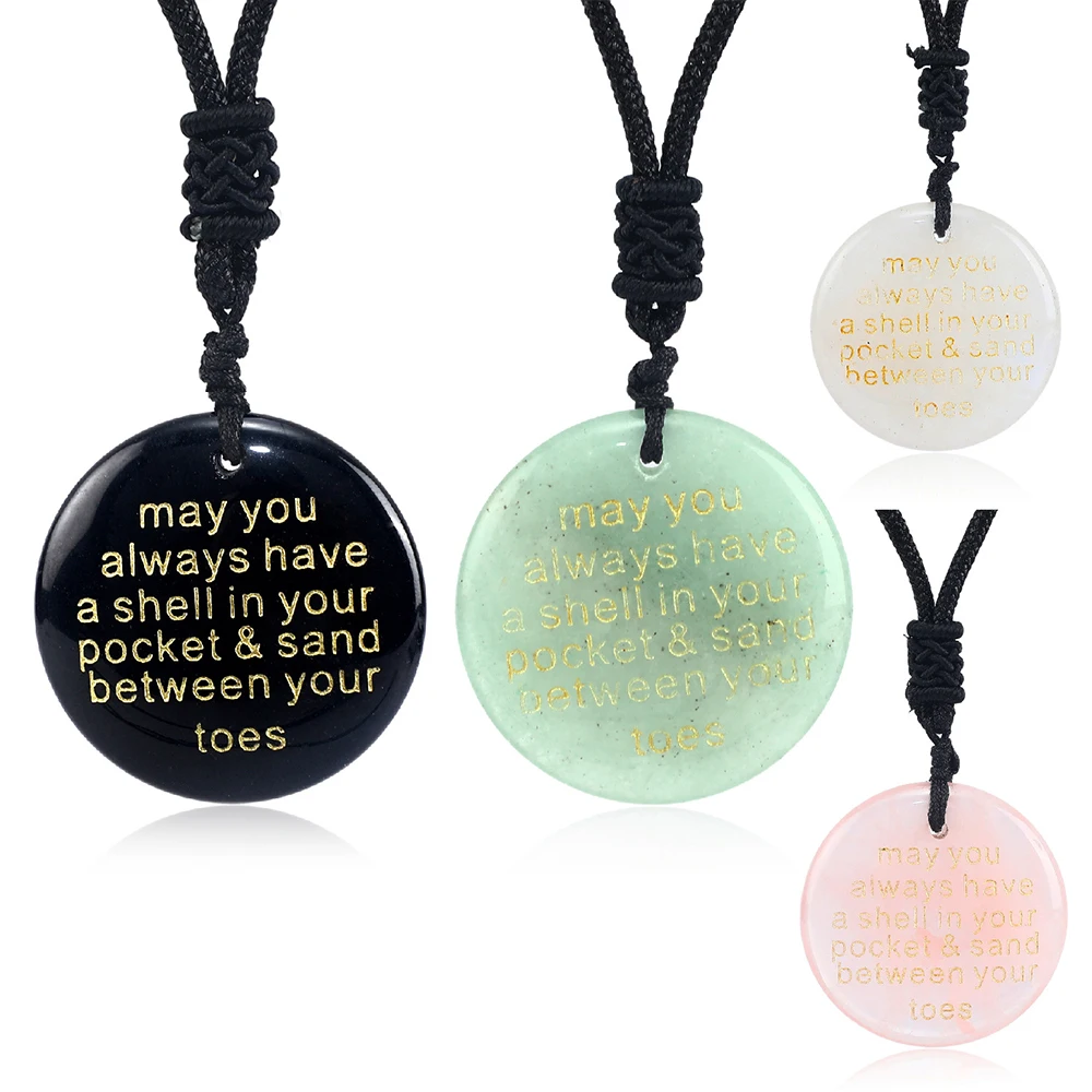 

Natural Stone Engraving Necklace Good Wishes Round Shape Ppendant Crystal Obsidian Aventurine Rose Quartz Reiki Gemstones Carved