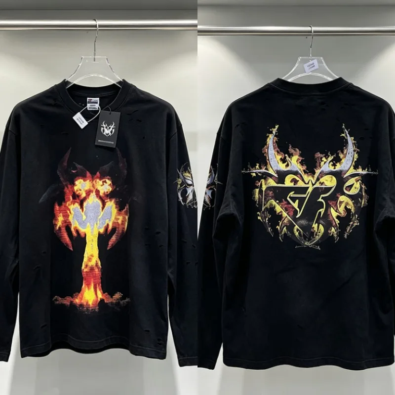 CHEW Men Women Black Washed Distressed Long Sleeve T-shirt Flame Mushroom Cloud Graphic Streetwear Tops Tees