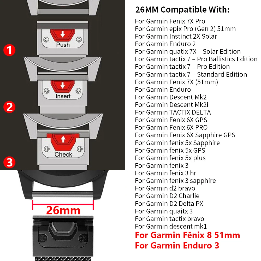 26mm Titanium Band for Garmin Watch Fenix 8 7X Pro Tactix 7 EPIX Pro 51mm Enduro 3 2X Instinct 3 2X 50mm Quick Fit Strap