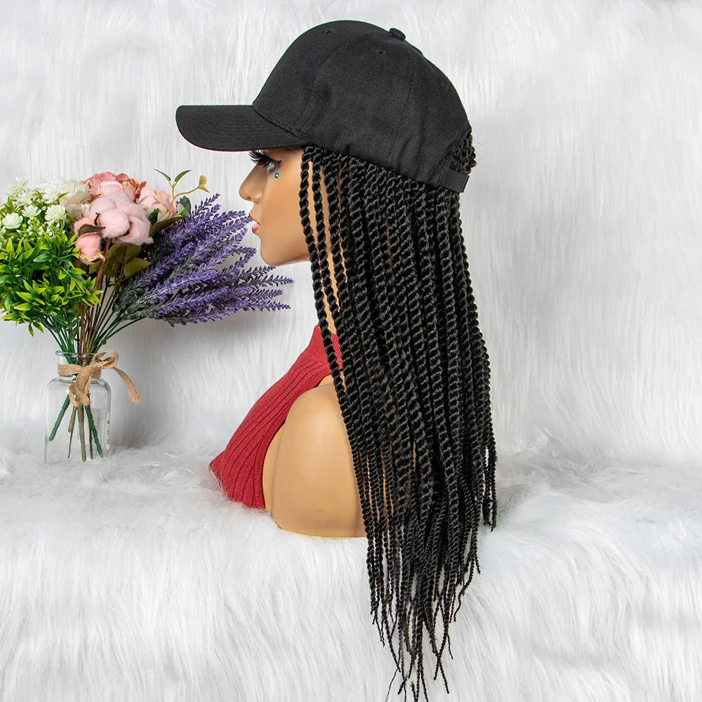 Pelucas trenzadas sintéticas baratas con gorra de béisbol, pelucas de caja de Color Natural para mujeres negras Afro, uso diario, sombrero blanco, 24 pulgadas