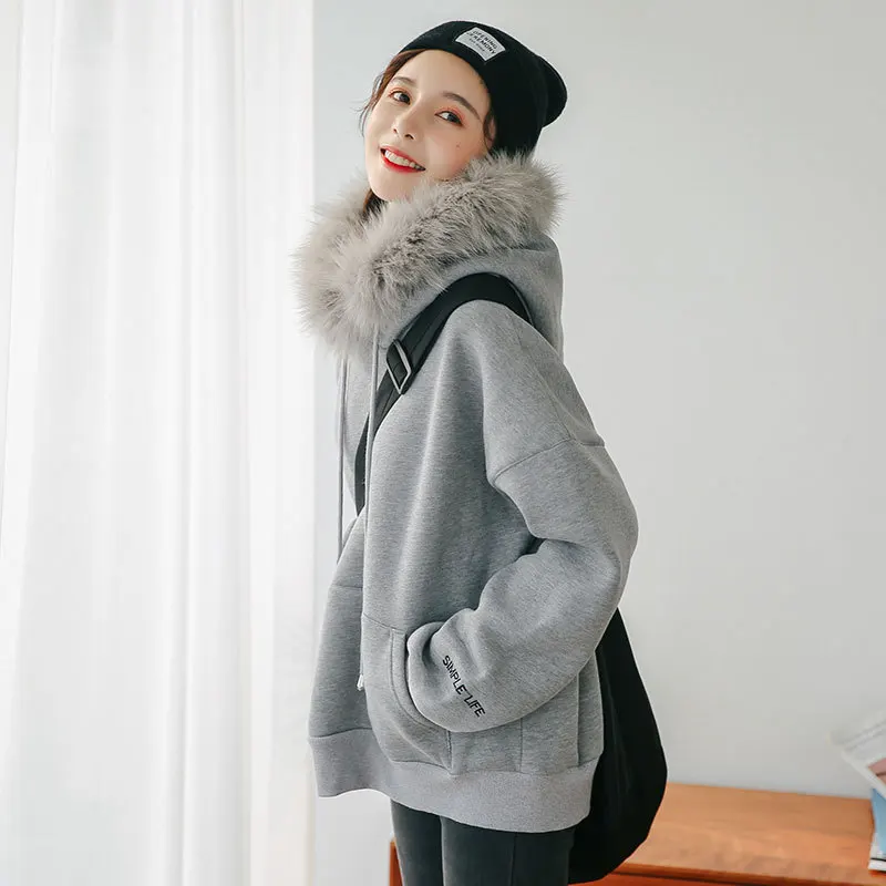 ZOUXO Hoodies Women 2022 Autumn Winter Fur Collar Thick Hoodies New Fashion Simple Grey Hooded Clothes