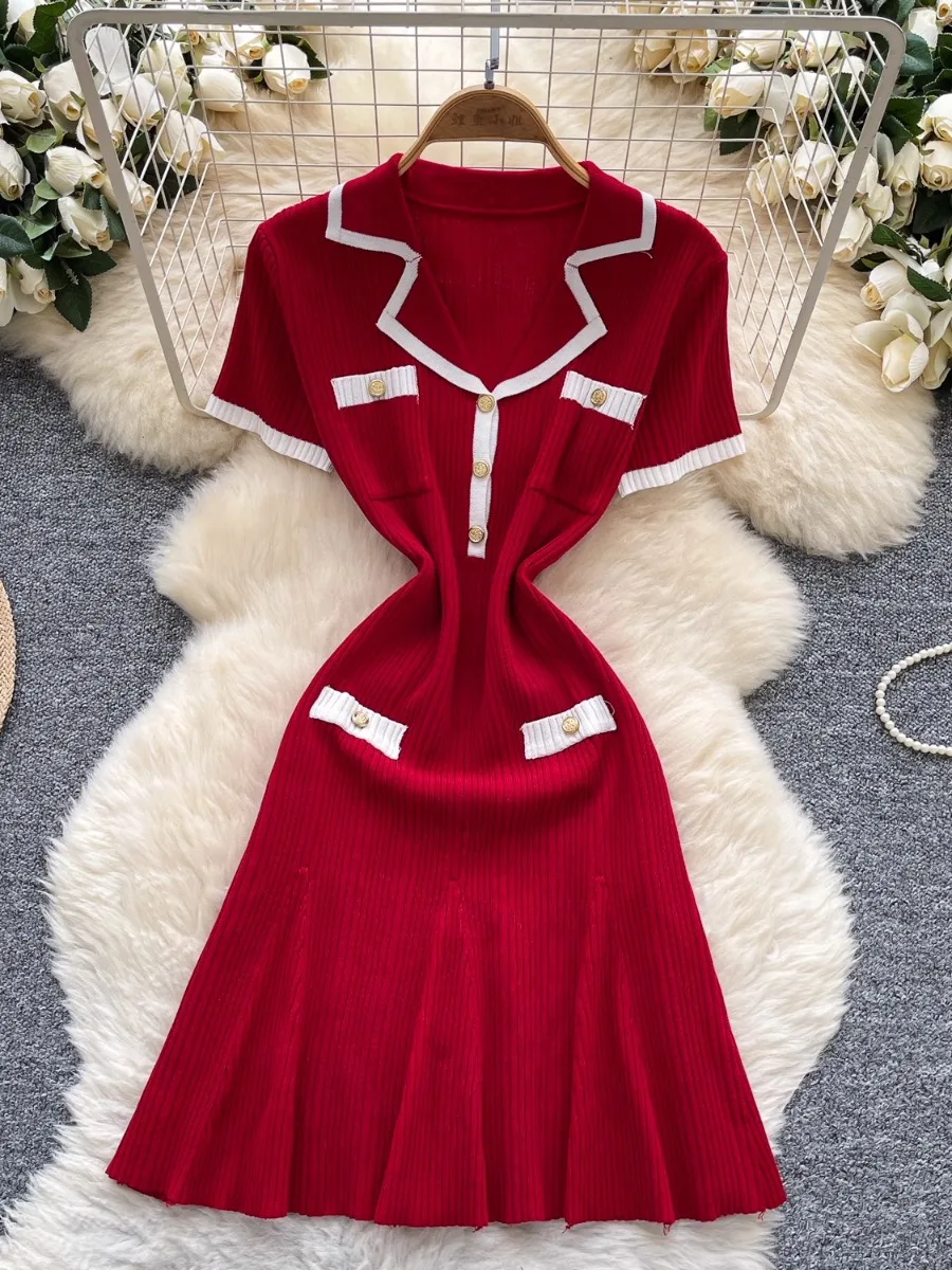 فستان Foamlina Chic ذو كتلة ألوان وياقة بيتر بان فستان بناتي بأكمام قصيرة وزر معدني وخصر مقصوص بقصة ضيقة فستان قصير على شكل حرف a