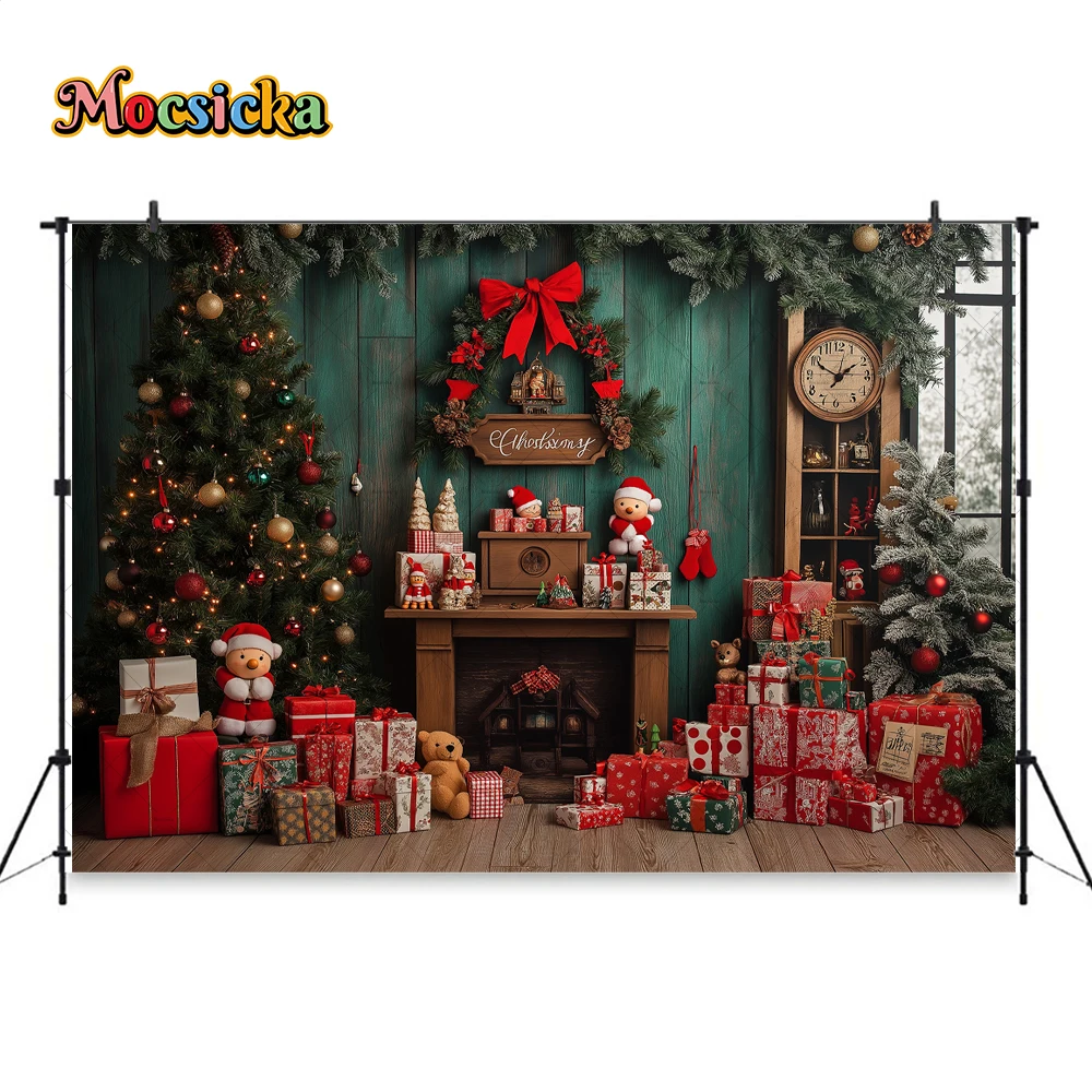 Santa Claus Workshop Background Photography Christmas Tree Gift Clock Wooden Window Backdrop Kids Winter Birthday Photo Studio