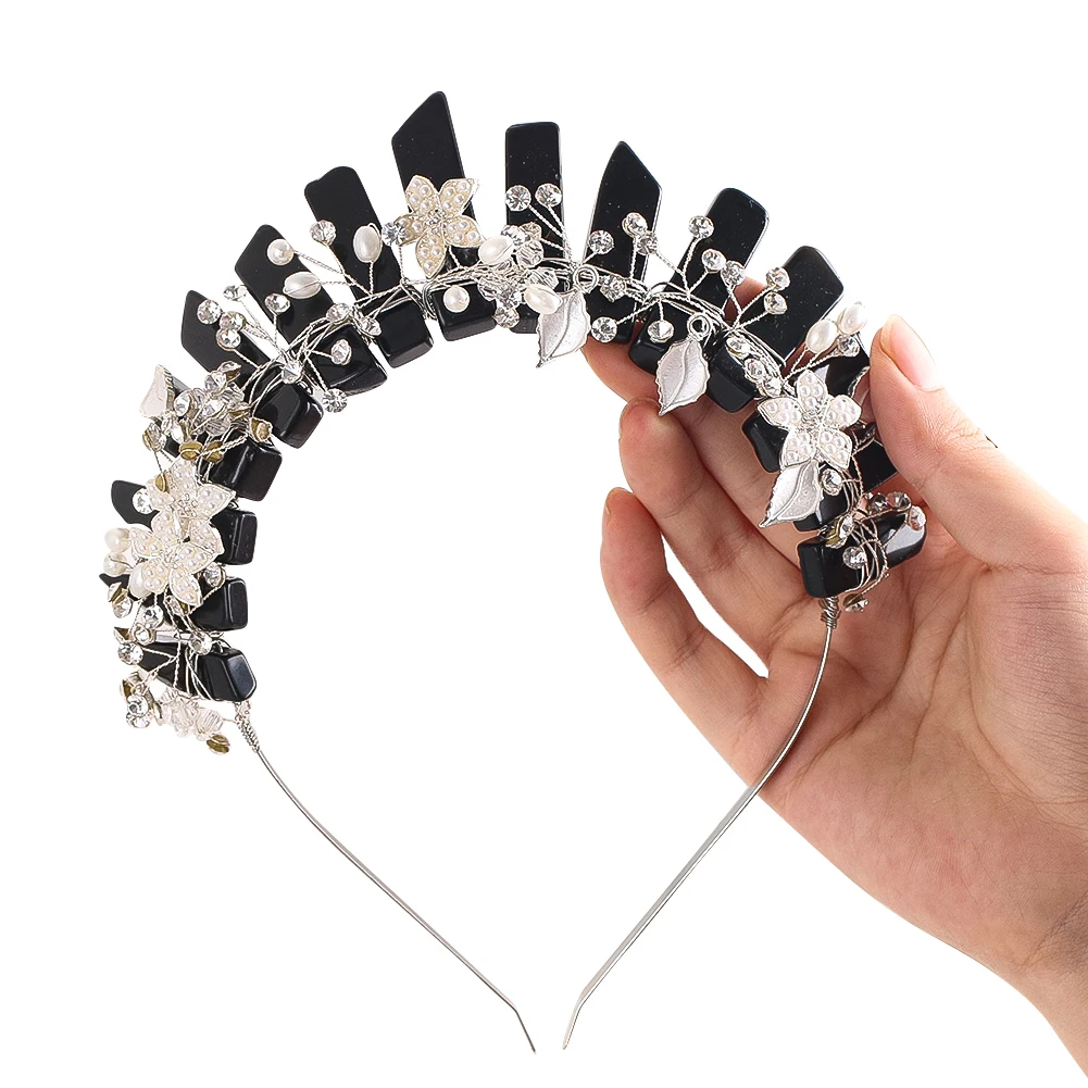 

Natural Obsidian Crown Hair Band with Flowers Rhinestone Handmade Headdress Photography Props Ornaments Party Birthday Gift