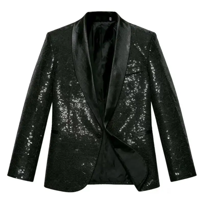 Men Full Glitter Black Sequins Suit Jacket Satin Shawl Lapel One Button Tuxedo Male Banquet Host Stage Performance Party Costume