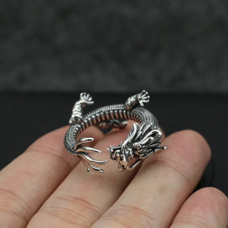 

Vintage Thai Silver Ring, Men's Sterling Silver S925 Blue Dragon Leading Ring, Dominant and Personalized Chinese Style First Jew