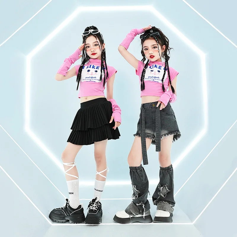 Girls Hip Hop Crop Top Black Street Dance Skirt Child Sweet High Neck T-shirts Streetwear Shorts Clothes Sets Kids Jazz Costumes