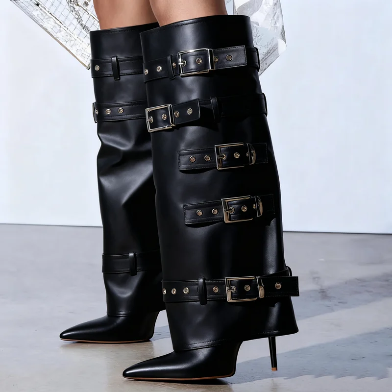 Metal Buckle Belt High Heels Trouser Boots Sexy Pointed Toe Thin Heels Accept Customized New Arrivals Fashion Women Boots