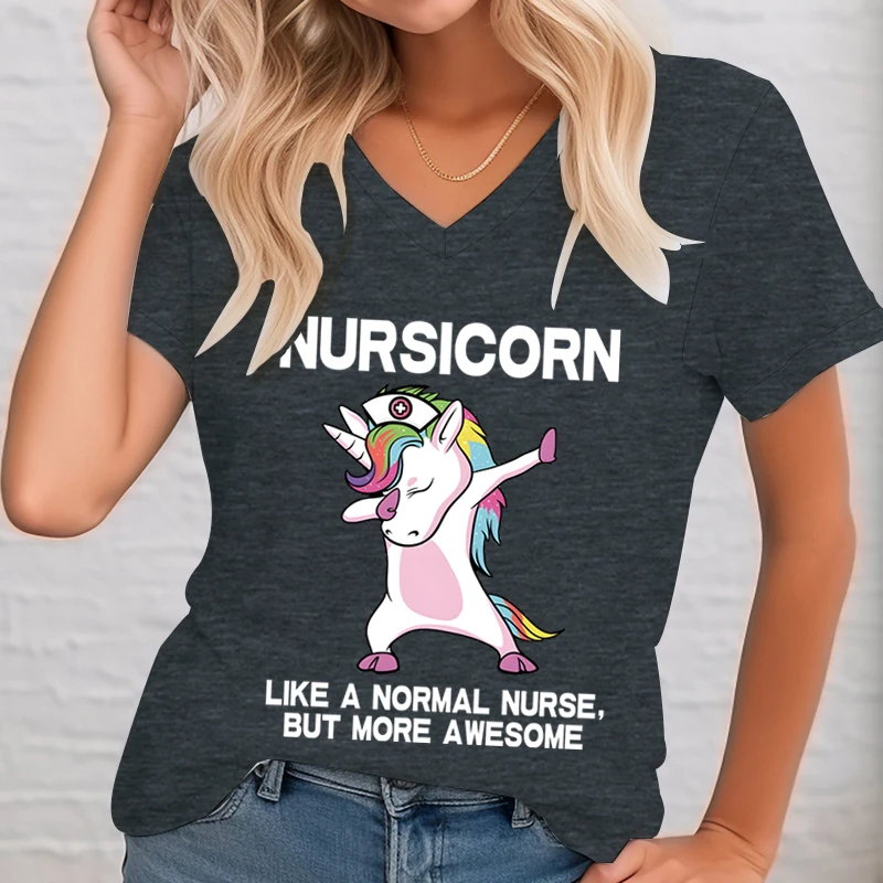 Women T Shirt Unicorn Nurse Funny Dabbing Nursicorn RN Print Tops Tee V-neck T-shirt Female Summer T-shirt Graphic Tee Female