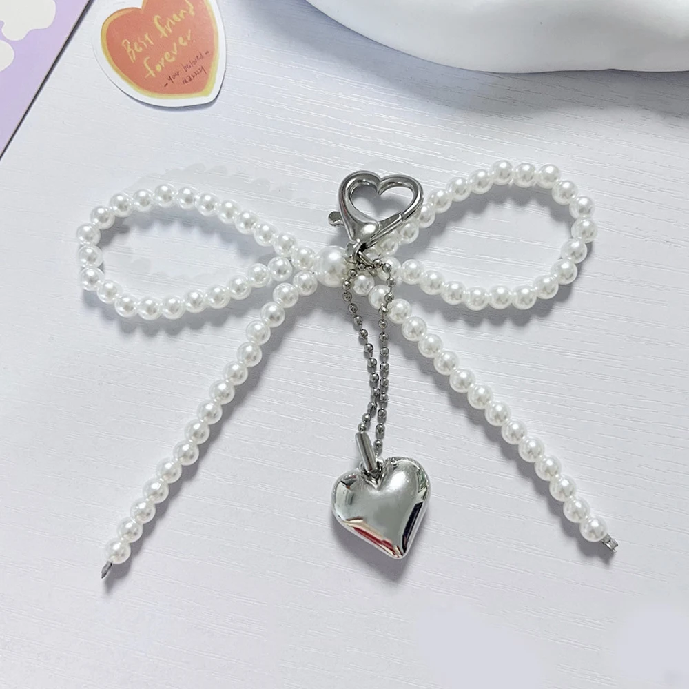 Korean Beaded Key Chain Handmade Pearl Bow Shaped Pendant Keyring Heart Keychain Ornament INS Pearl Decoration For Bags Phones