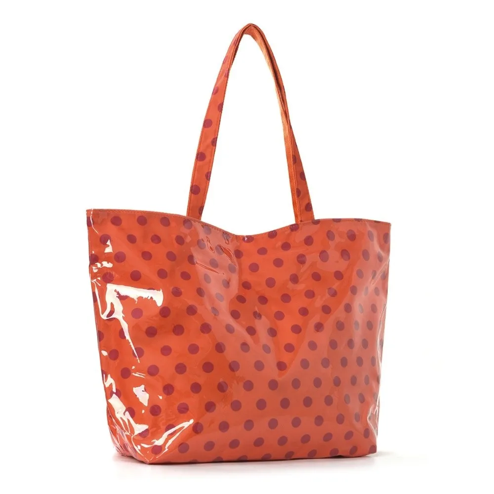 New PVC Polka Dot Tote Bag Waterproof Glossy Finish PVC Tote Bag Top Handles Large Capacity Shoulder Shopping Bag Leisure Use
