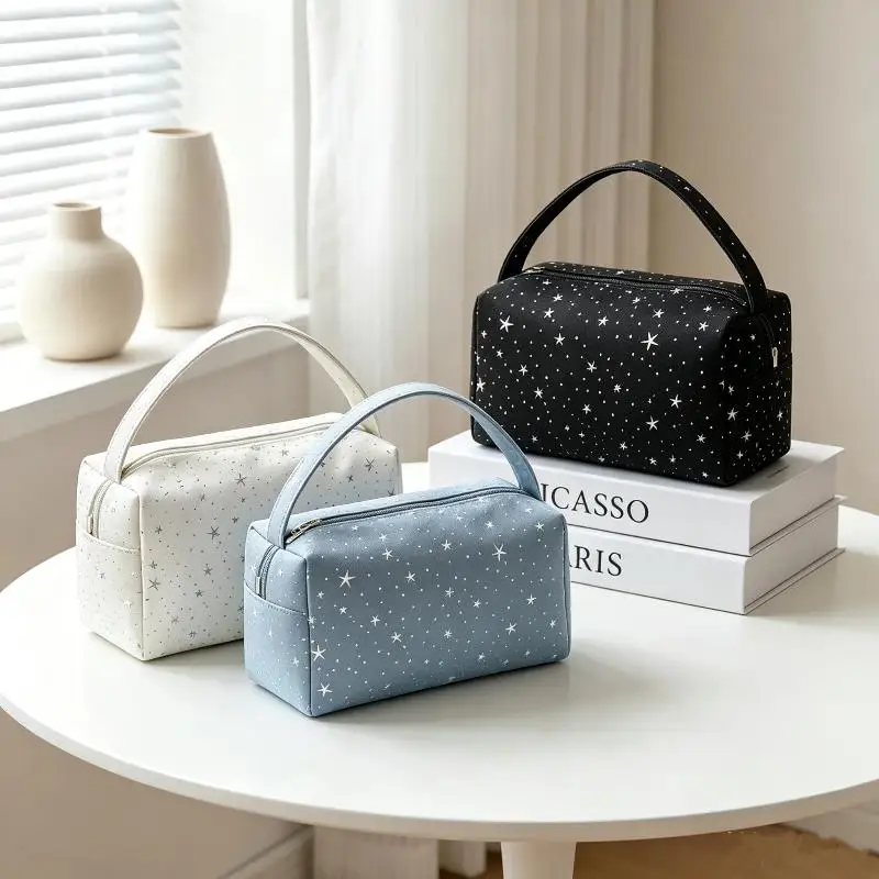 Large Capacity Nylon Makeup Bag Cute Star Pattern Portable Handle Cosmetic Storage Pouch For Travel Daily Use