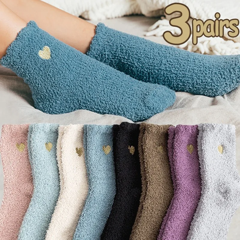 1/3Pairs Winter Warm Thickening Socks Women Casual Love Heart Printing Plush Home Sleeping Snow Socks Coral Fluffy Tube Sock