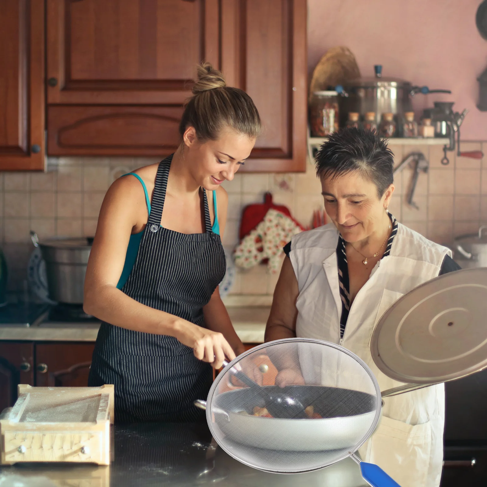 

3pcs Stainless Steel Filter Lids Oil Screen Separators Assorted Colors Long Handle Anti Splatter Cover For Frying Pan Kitchen