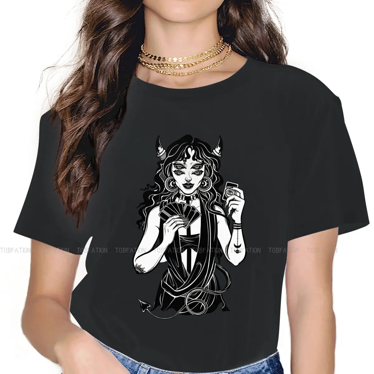 Demonic Horned 5XL TShirt Girl Portrait With Four Eyes Style Leisure T Shirt Female Tee Unique Gift Clothes