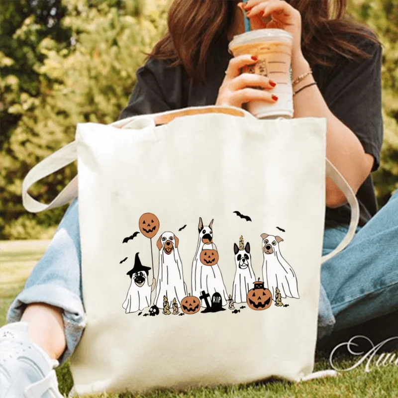 Happy Halloween tote bag，Designed with a dog ghost motif，Spacious and stylish canvas structure，Perfect for Outdoor Activities，Li