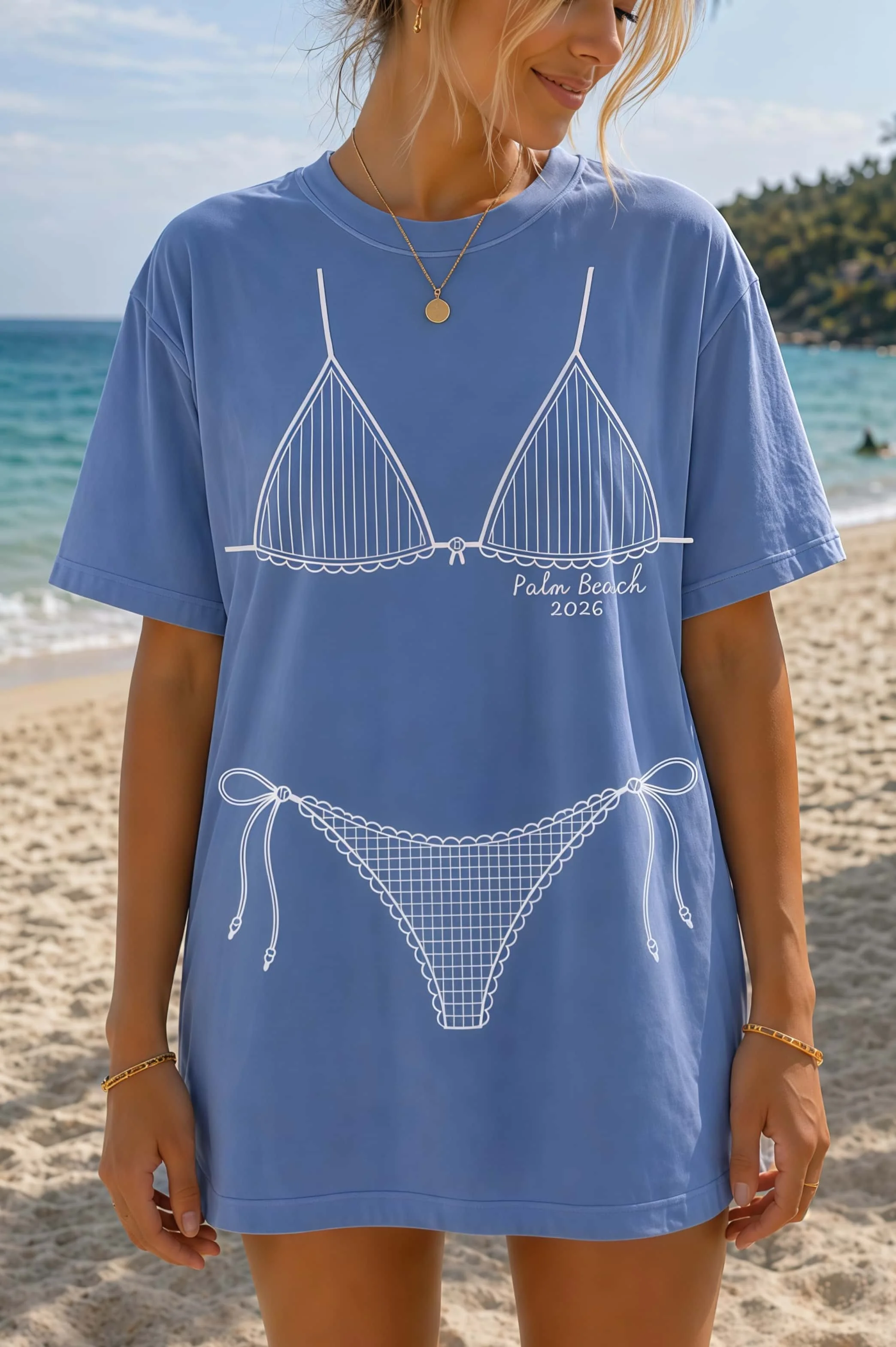 26 Summer Cotton Loose Short Sleeve Beach Resort Bikini Thread Draft Printed Short Sleeve Funny Casual Meat Covering T-shirt