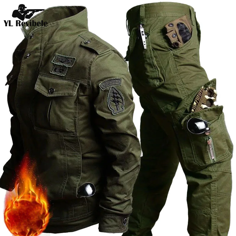 Size 6XL Winter Cargo Sets Men Military Multi-pocket Bomber Jackets+Straight Cargo Pant 2 Pcs Suits Windproof Wear-resistant Set