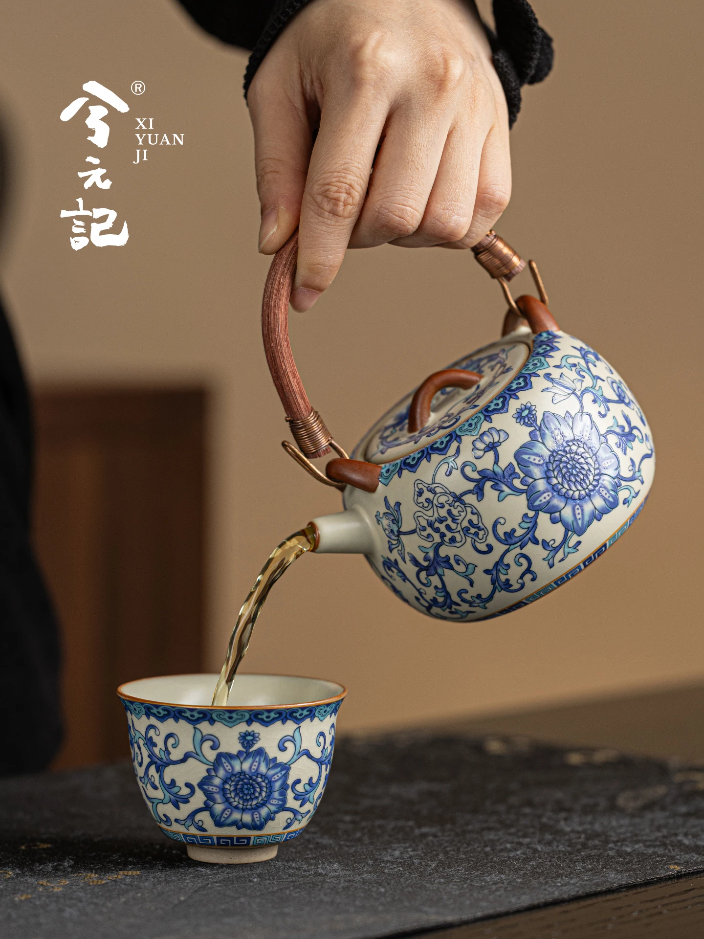 Blue and White Ru Ware Ceramic Teapot Household Tea Brewing Loop-Handled Single 2026 New One-Person Set