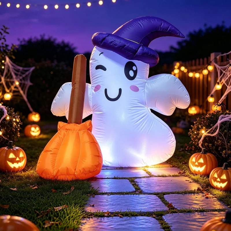 1.2M Cute Inflatable White Ghost Wearing Wizard Hat Carrying Broom Halloween Decoration Outdoor Garden Yard Party Supplies