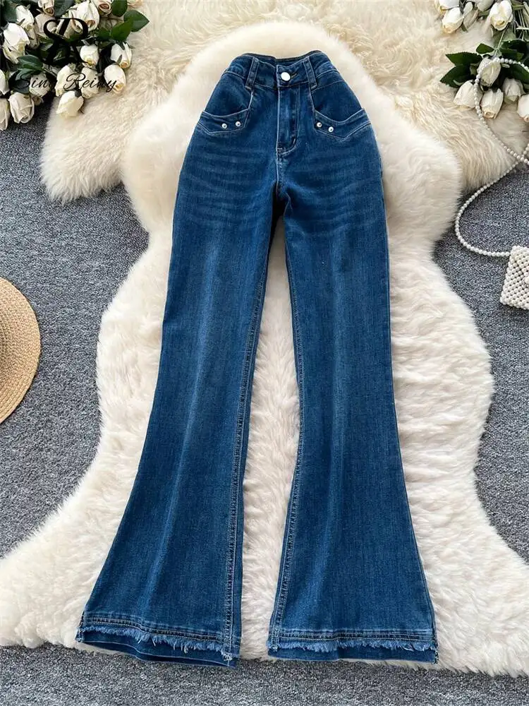 Newest Denim Long Pants Women Rivet High Waist Skinny Trousers Trendy Y2K Vintage American Hotsweet Bootcut Jeans