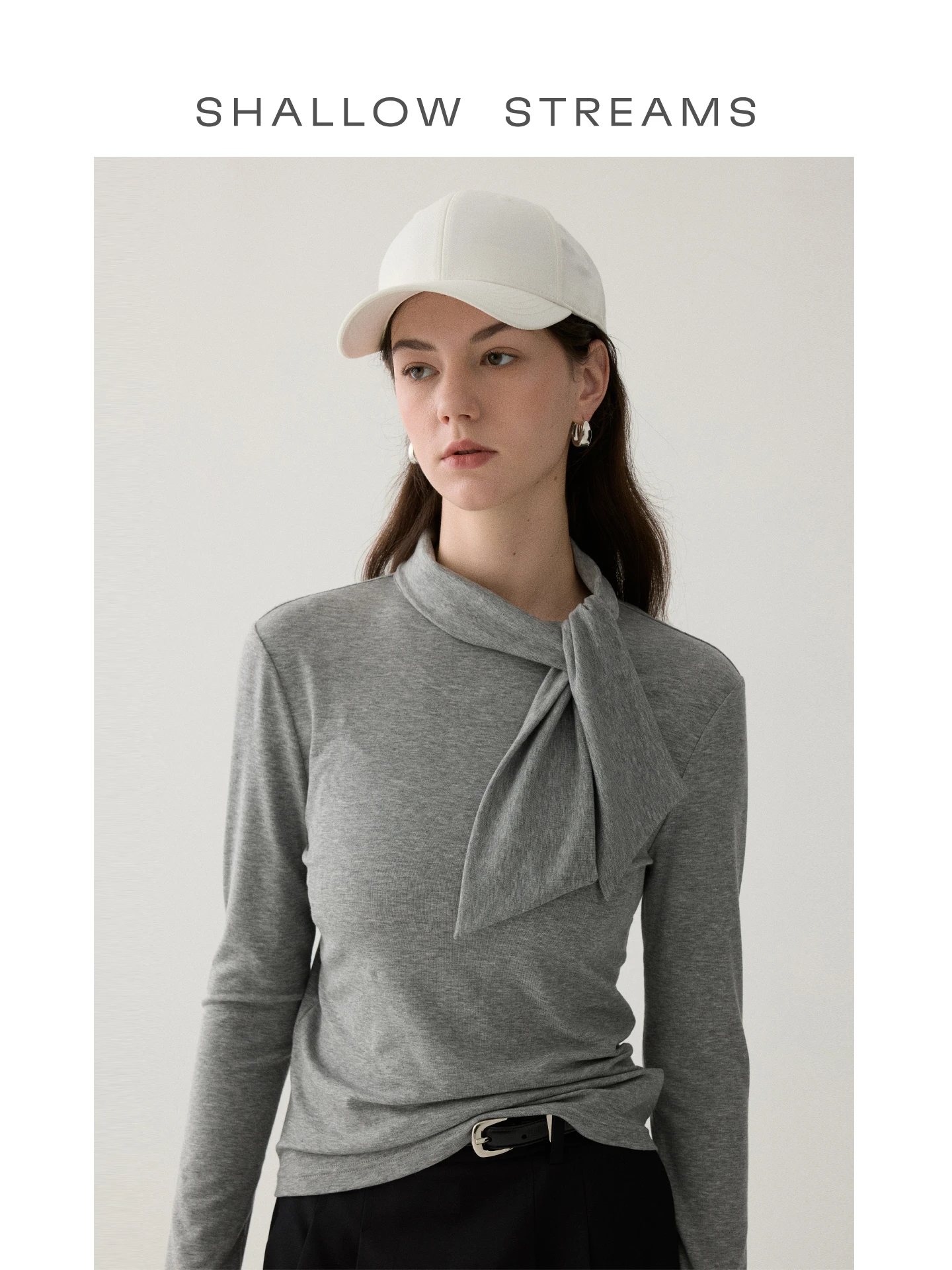 

Miu Sle High Collar Long Sve T-irt Women's Casual Design Knot Top Lightweight Cotton Blend Elastic Fiber Girl's irt