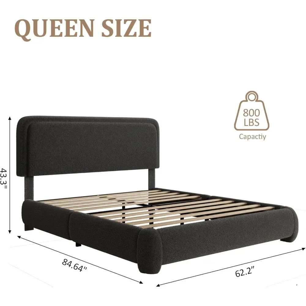 Queen Size Bed Frame, Upholstered Cloud Platform Bed Frame with Headboard, Anti-Bump Soft Rounded Corners