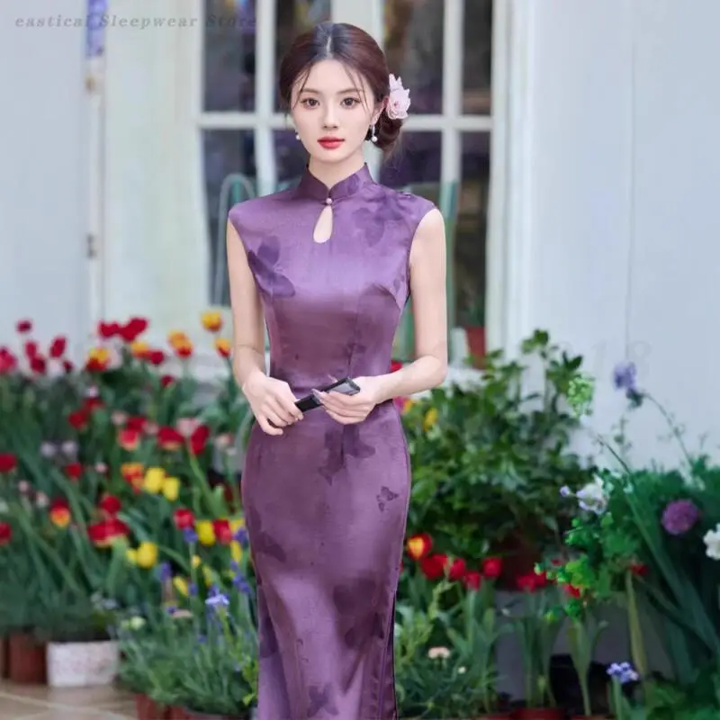 

Новое атласное улучшенное Qipao в китайском стиле фиолетовое платье с принтом бабочки, традиционное длинное элегантное платье с воротником-стойкой, Cheongsam