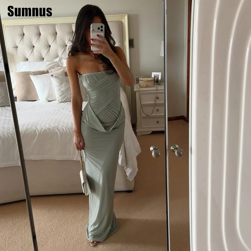 

Sumnus Simple Mermaid Evening Dress Satin Strapless Pleats Sleeveless Floor Length Prom Party Dresses vestidos Customized