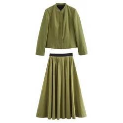 Taop&Za 2024 Summer New Product Women's Fashion Casual Pleated Short Coat with Contrast Color Waist Pleated Half Skirt Set