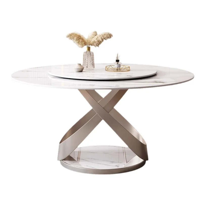 

Italian minimalist bright rock slab dining table and chair combination, modern simple round table with its own turntable