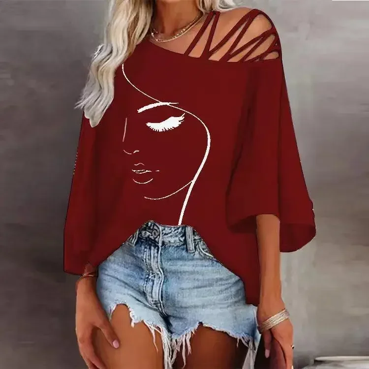 Women\'s Fashion Splicing Loose Slant Neck Face Printed T-shirt Casual Top 2024 Summer