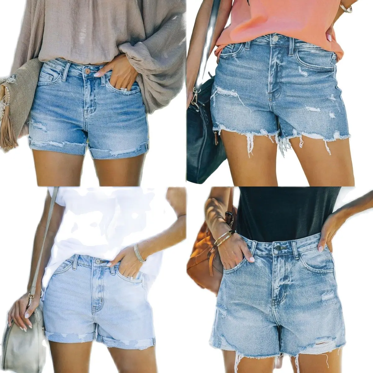 

2023 Summer New 4 Style Women's Mid Waist Ripped Denim Shorts Fashion High Elasticity Sexy Skinny Jeans Shorts S-2XL Drop Ship