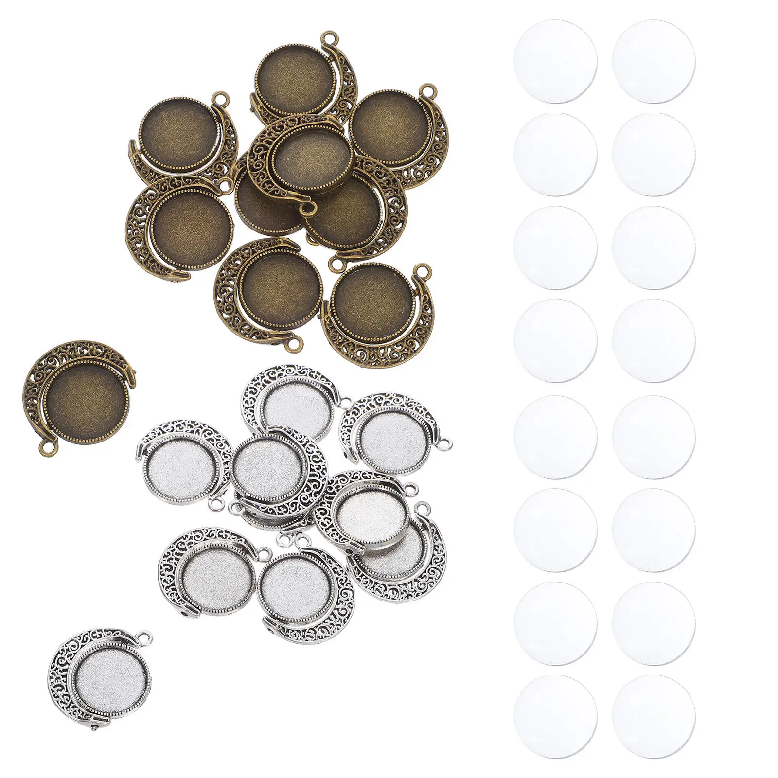 1Set 18Mm Retro Moon Shaped Pendant Bezel Tray Double-Sided Rotating DIY Jewelry Making Supply for Necklace Keychain Craft Charm