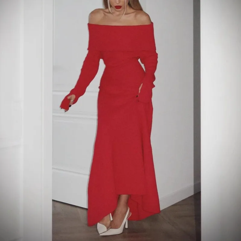 

2024 Autumn and Winter New Fashion Grace Strapless Long Sleeves Knitting Thread Dress Solid Color Full Dress Long Dress