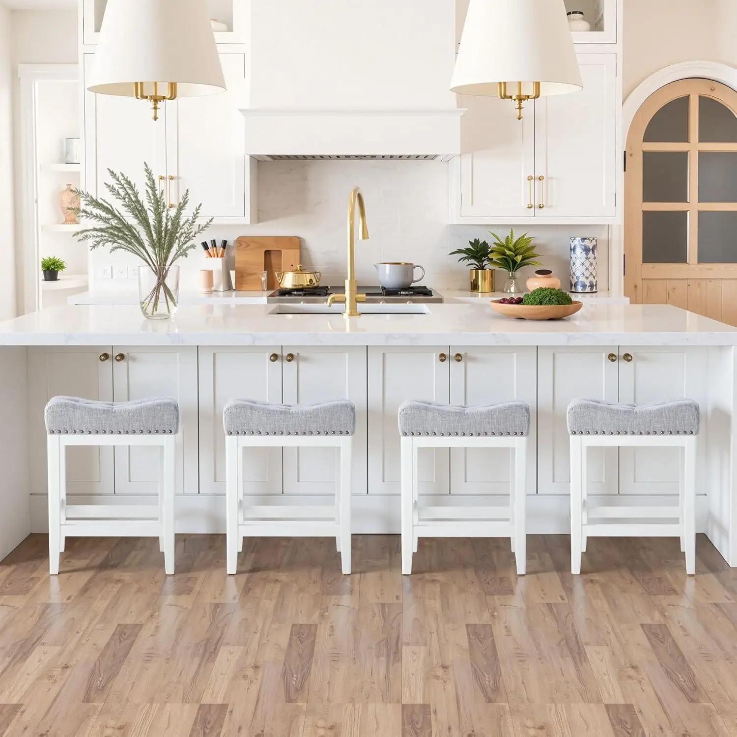 

24' Counter Height Bar Stools, Set of 3, Farmhouse Style, Upholstered Fabric, Solid Wood Legs, Light Grey, Easy Assembly