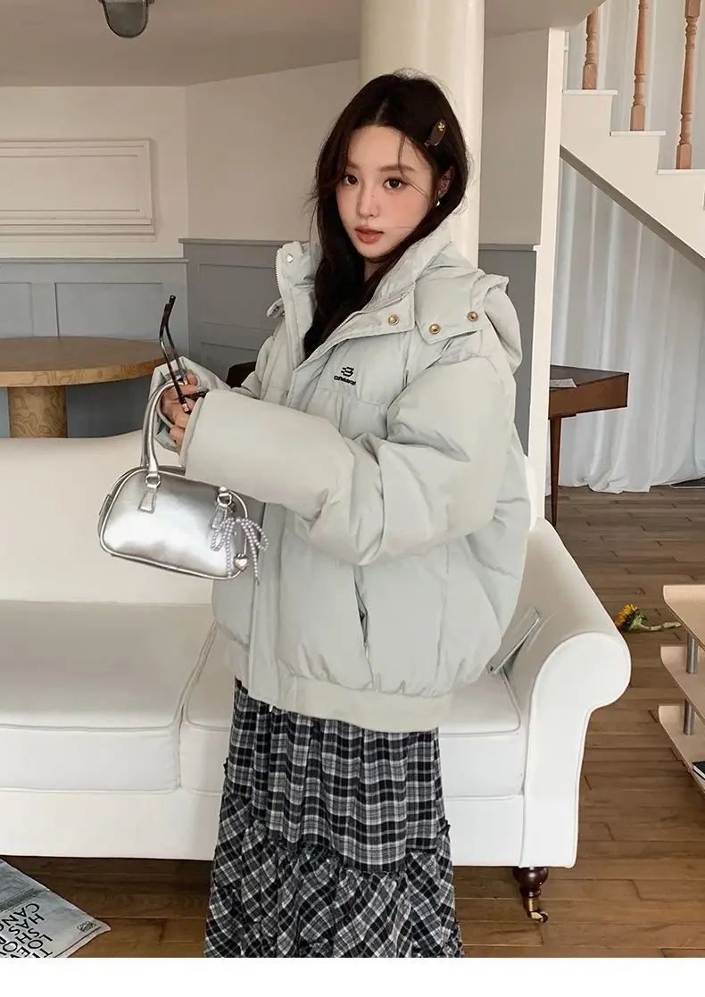 Korean Style Thickened Puffer Jacket for Women Loose Fit Warm Padded Coat Students Winter Solid Color All Match Hooded Parkas