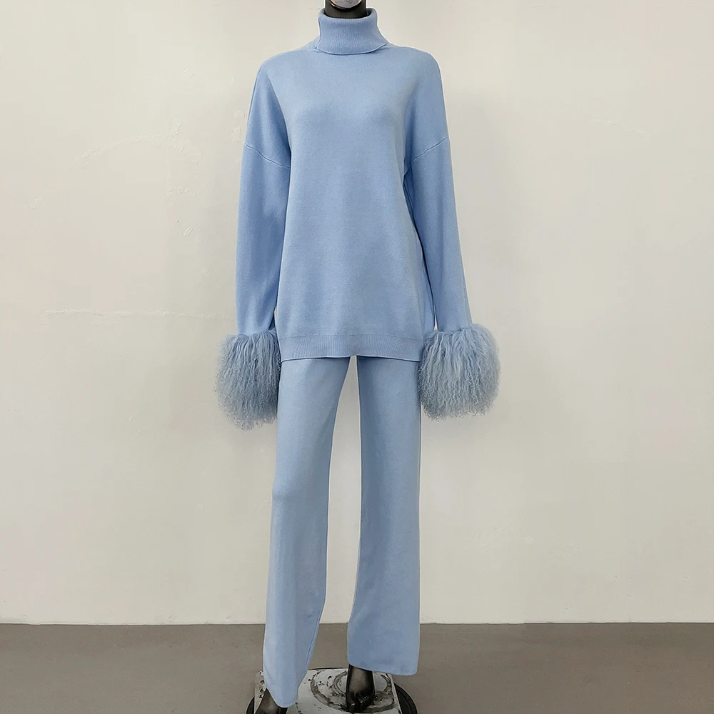 معطف المرأة محبوك دعوى المرأة سترة مجموعة ريال الأغنام المنغولية الفراء الأصفاد عالية الجودة الصوف ومزيج بلوفر مغزول وسراويل