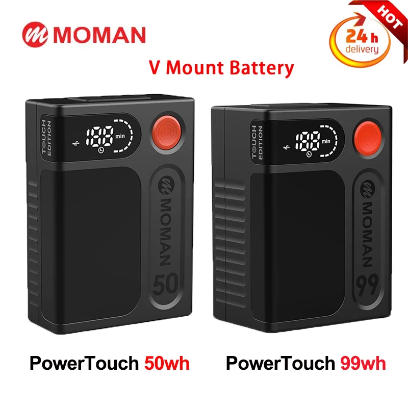 MOMAN Power Touch 50Wh/99Wh V Mount Battery Touch Button&LED Display 65W PD Fast Charging USB-C/A/D-Tap 14.4V/DC 8.4V/BP Port