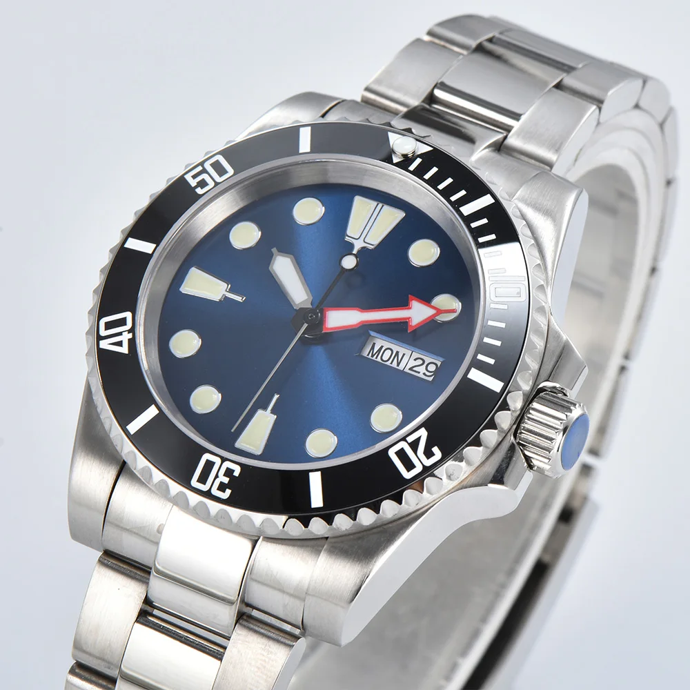 40mm NH36 Men Watch Date Weekday Display sapphire crystal Luminous 316L Stainless Steel Case 50M Waterproof