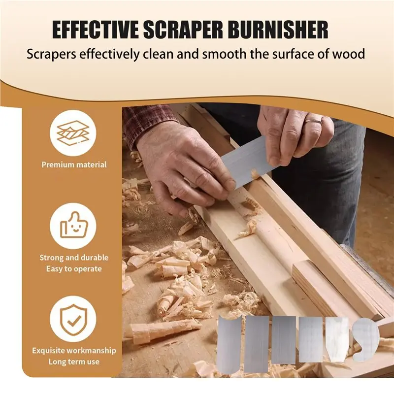 M12K-Essential Woodworking Tools - 6Pc Card Scraper Set With Multiple Shapes Including Gooseneck And Beveled